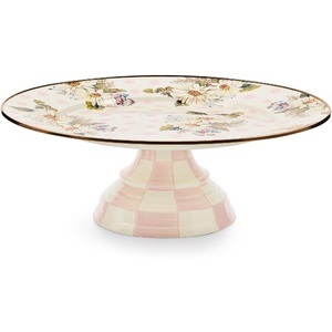 MACKENZIE-CHILDS Enamel Pedestal Platter, Round Cake Stand, Mini, Wild Rose Slate(Pink Wildflowers)