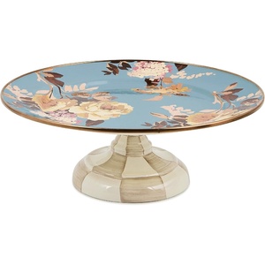 MACKENZIE-CHILDS Enamel Pedestal Platter, Round Cake Stand, Mini, Wild Rose Slate(Slate Wild Rose)