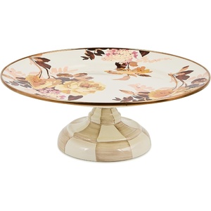 MACKENZIE-CHILDS Enamel Pedestal Platter, Round Cake Stand, Mini, Wild Rose Slate(Wild Rose White)
