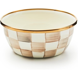 MACKENZIE-CHILDS Enamel Pinch Bowl, Small Bowl for Cooking Ingredients, 1.5-Cup Capacity, Wild Rose Mauve(Mocha Check)
