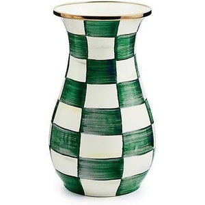 MACKENZIE-CHILDS Tall Enamel Vase, Unique Flower Vase Decor for Living Room, Wild Rose Slate(Emerald Check)