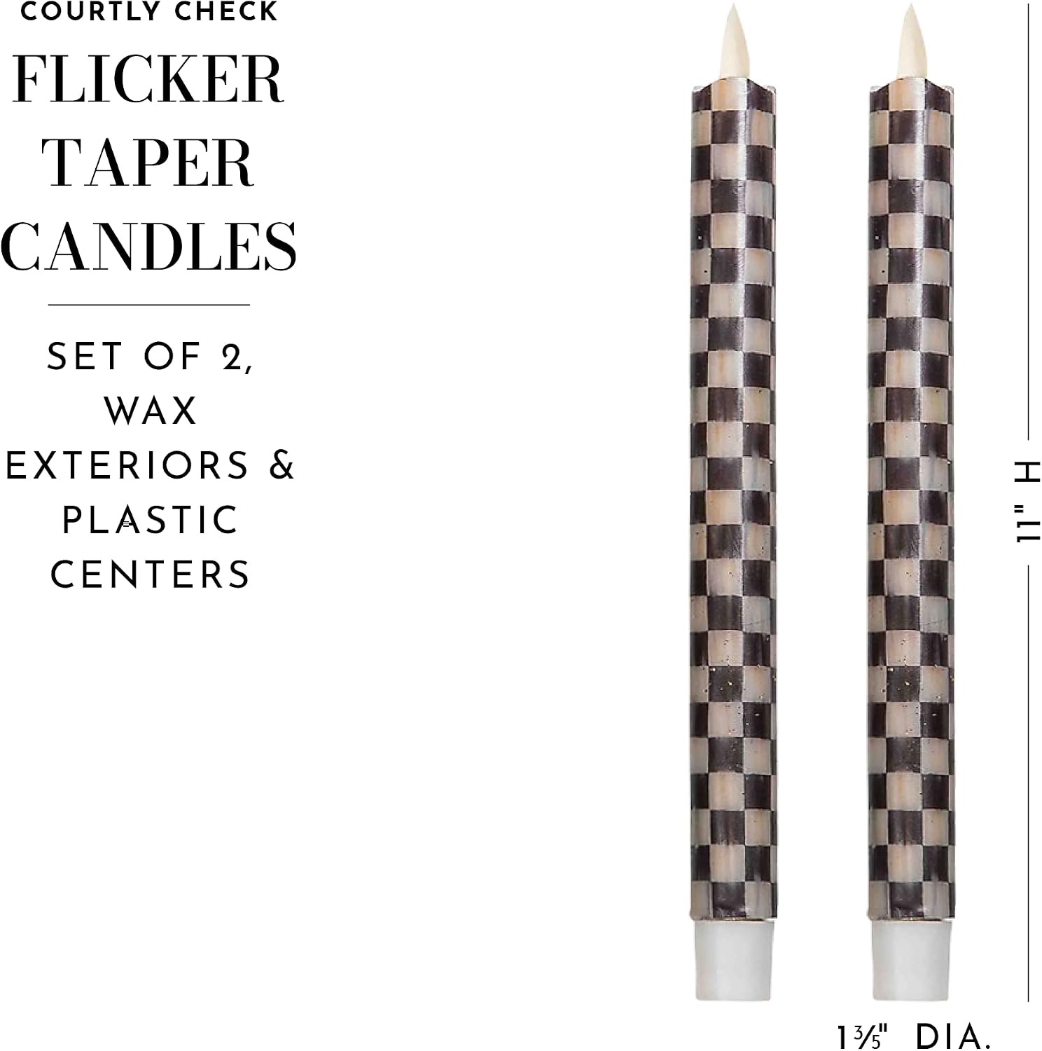image:imageMACKENZIECHILDS Flicker Pillar Candle Flameless BatteryOperated Candle with Timer and Remote 11 Inches BlackandWhite Courtly Check Set of 2
