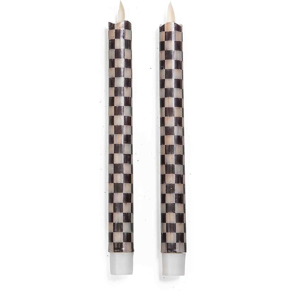 image:imageMACKENZIECHILDS Flicker Pillar Candle Flameless BatteryOperated Candle with Timer and Remote 11 Inches BlackandWhite Courtly Check Set of 2