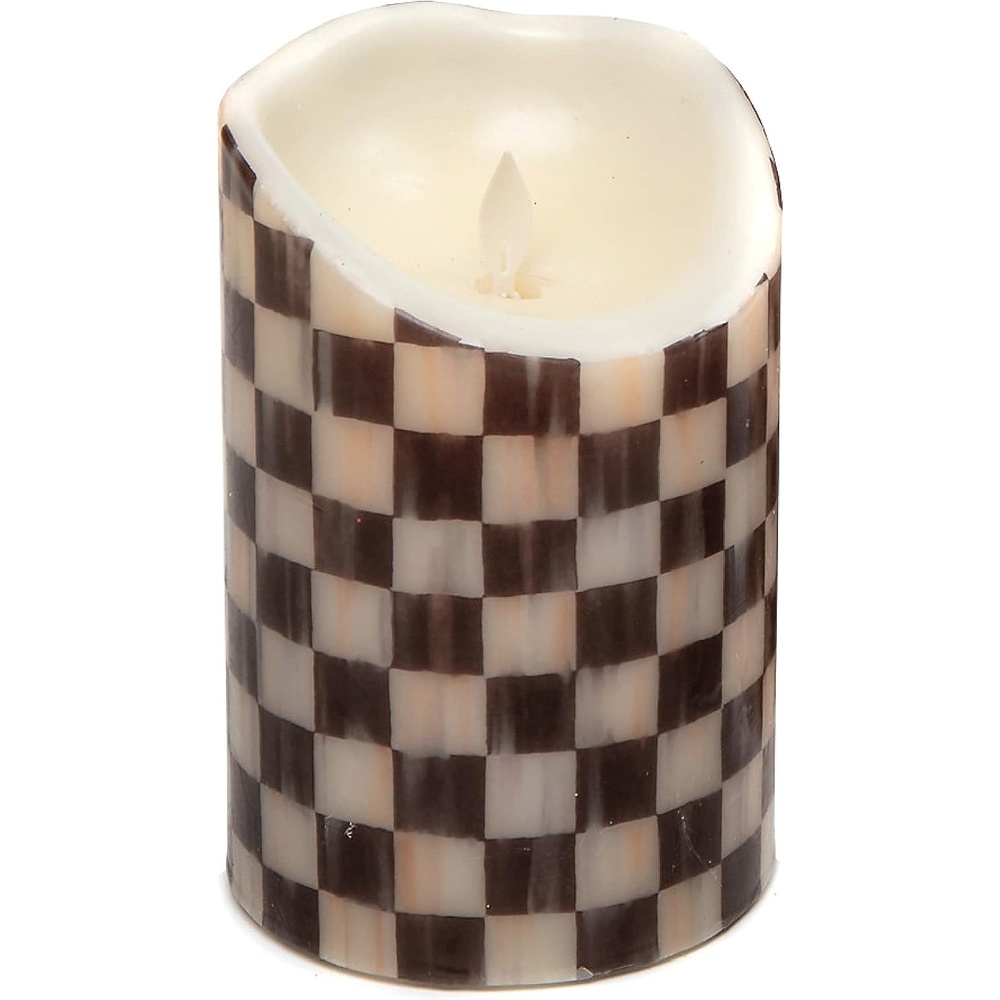 image:imageMACKENZIECHILDS Flicker Pillar Candle Flameless BatteryOperated Candle with Timer and Remote 6 Inches BlackandWhite Courtly Check Set of 1