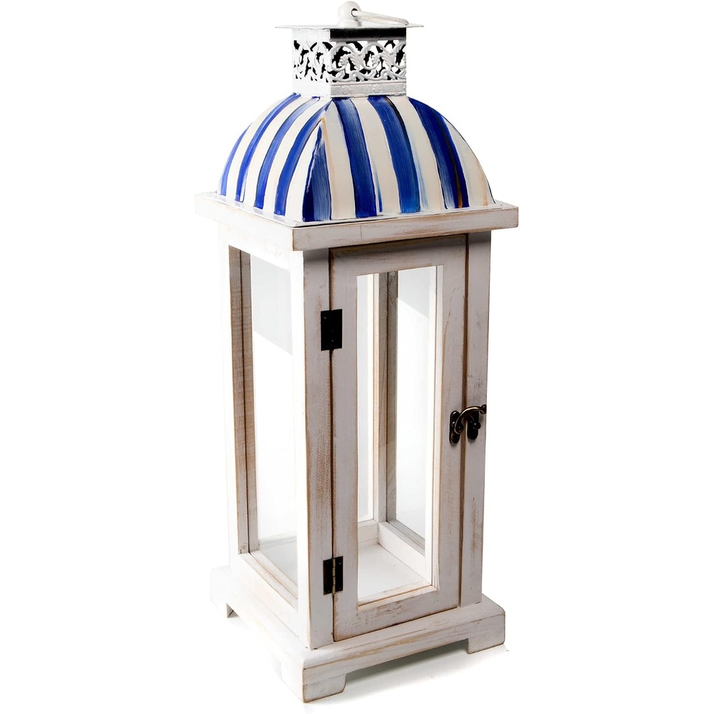 image:imageMACKENZIECHILDS Lantern Flameless Outdoor Wooden Lantern BlueandWhite Royal Stripe