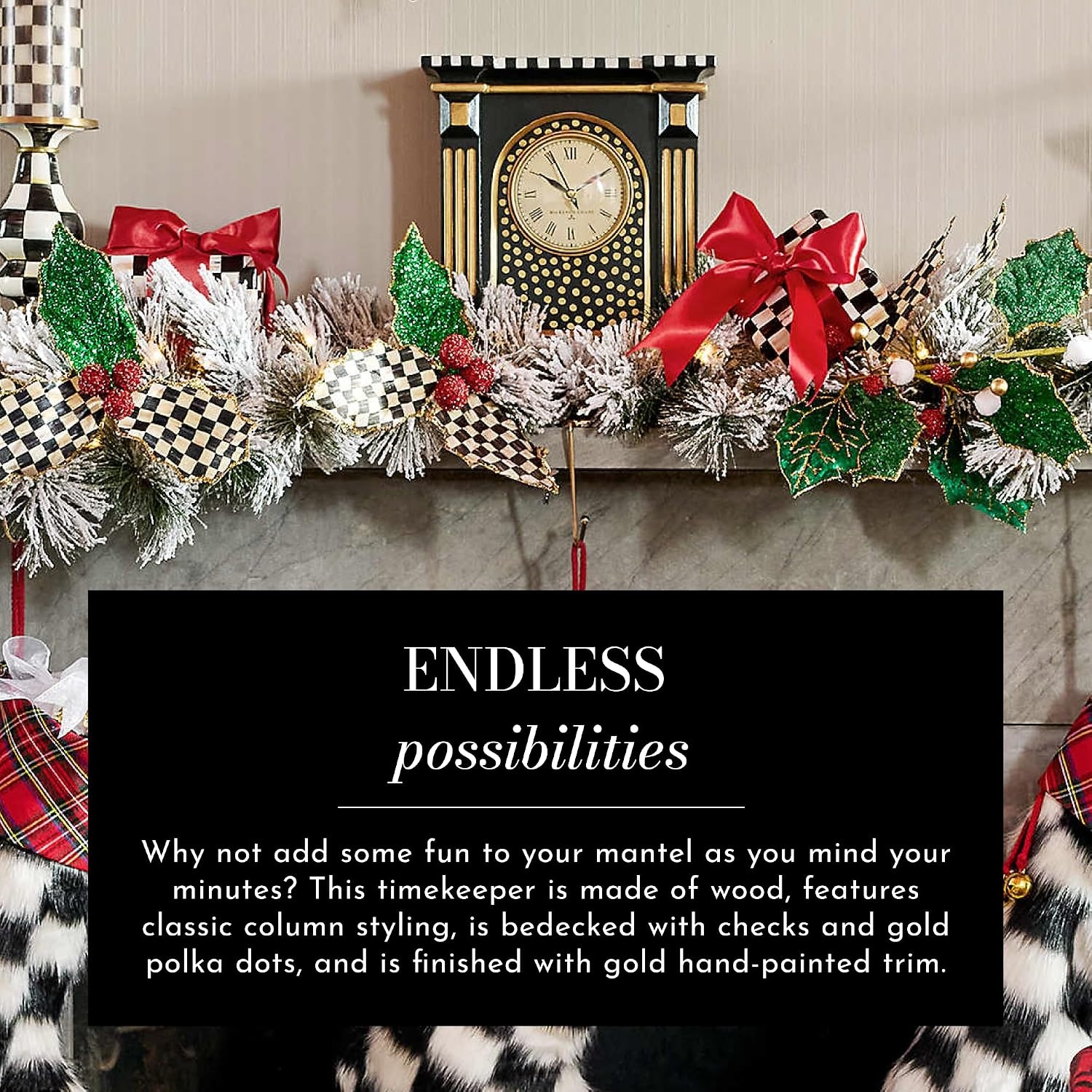image:imageMACKENZIECHILDS Clock Decorative Clock for Kitchen and Living Room Black Courtly Check Mantel