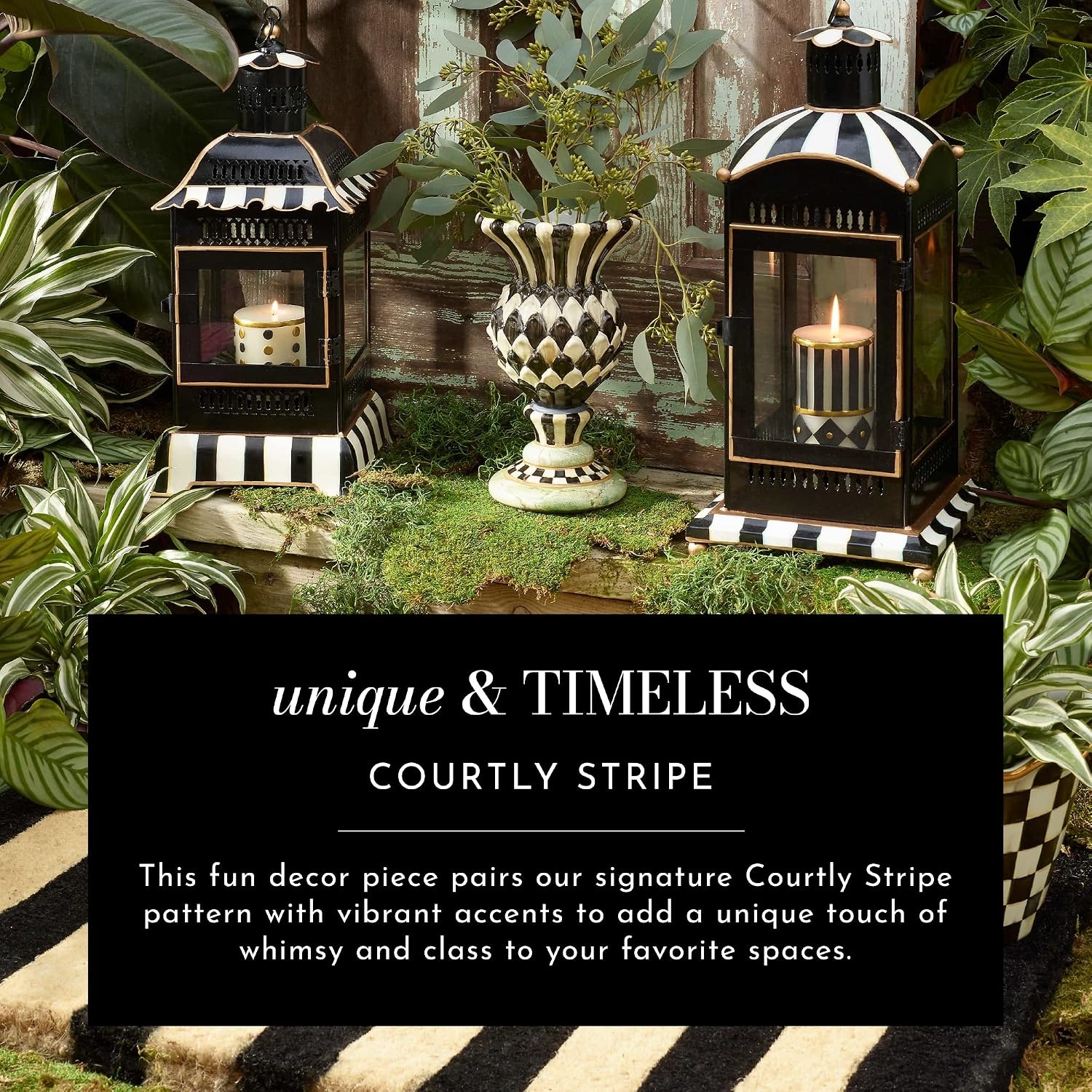 image:imageMACKENZIECHILDS Courtly Stripe Lantern BlackandWhite Outdoor Candleholder Metal Lantern Decor Large