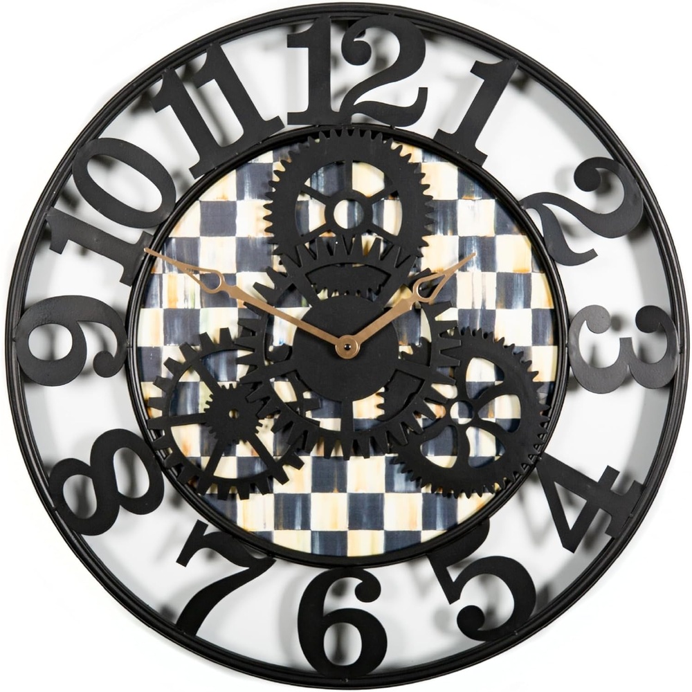 image:imageMACKENZIECHILDS Farmhouse Wall Clock Decorative Clock for Living Room or Kitchen Large BlackandWhite Courtly CheckCourtly Check