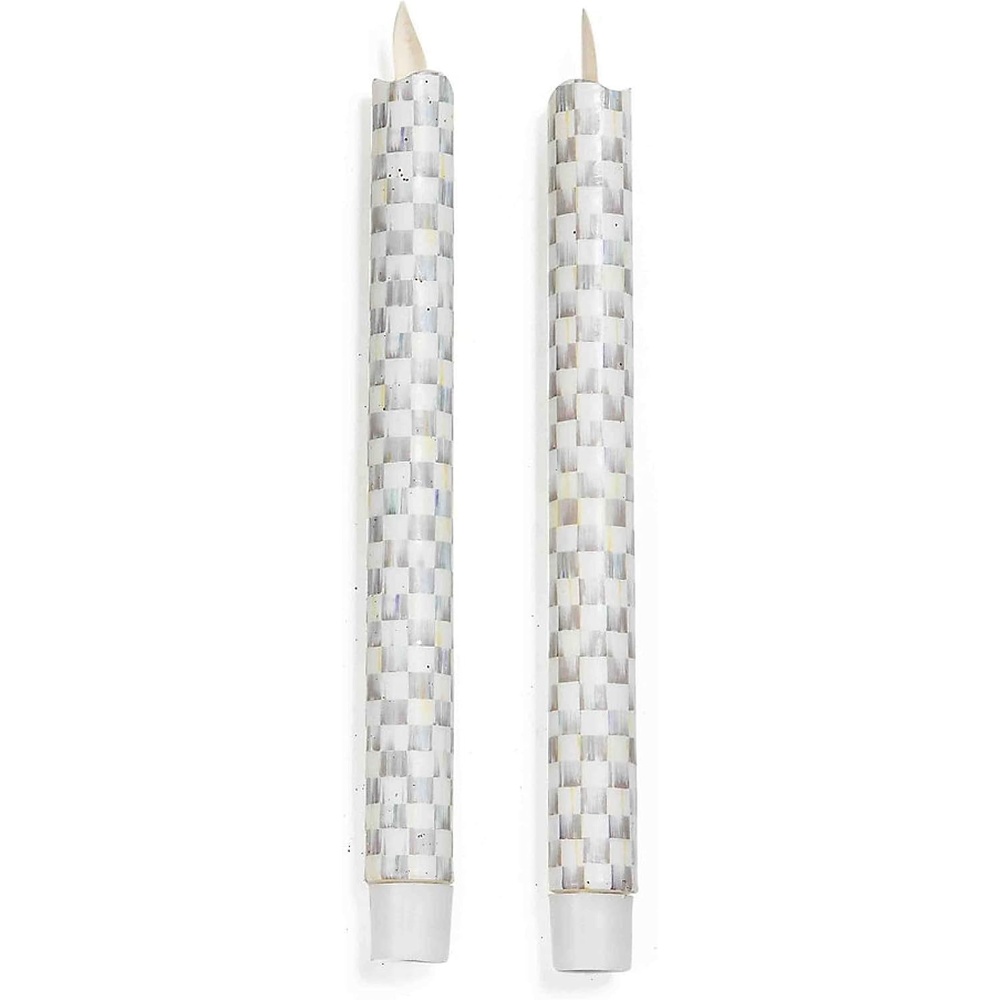 image:imageMACKENZIECHILDS Flicker Pillar Candle Flameless BatteryOperated Candle with Timer and Remote 11 Inches GrayandWhite Sterling Check Set of 2