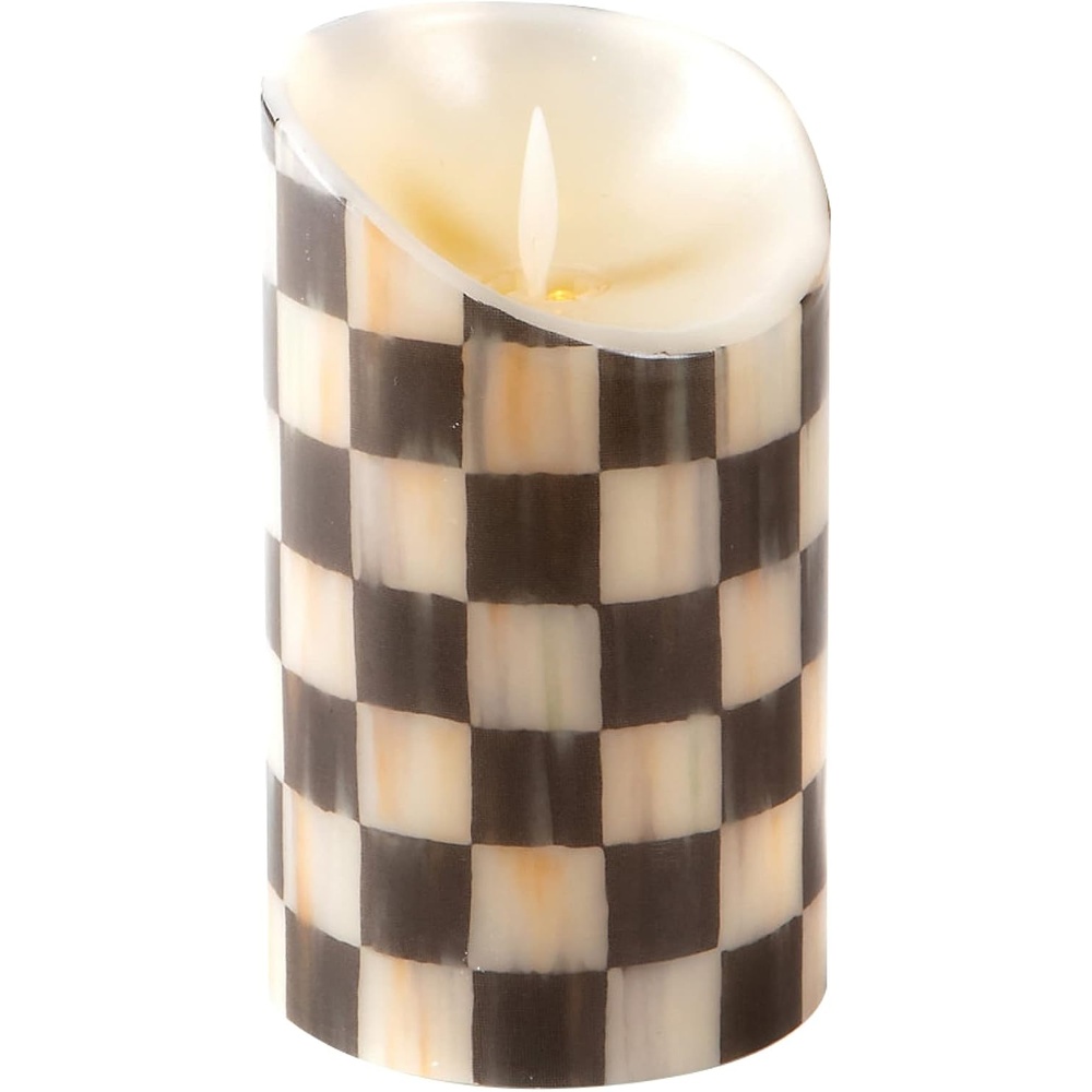 image:imageMACKENZIECHILDS Flicker Pillar Candle Flameless BatteryOperated Candle with Timer and Remote 5 Inches BlackandWhite Courtly Check Set of 1