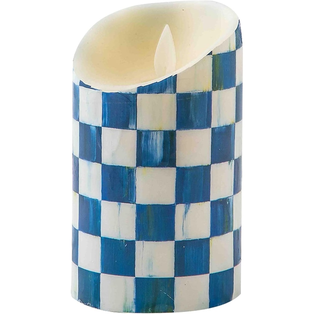 image:imageMACKENZIECHILDS Flicker Pillar Candle Flameless BatteryOperated Candle with Timer and Remote 5 Inches BlueandWhite Royal Check Set of 1