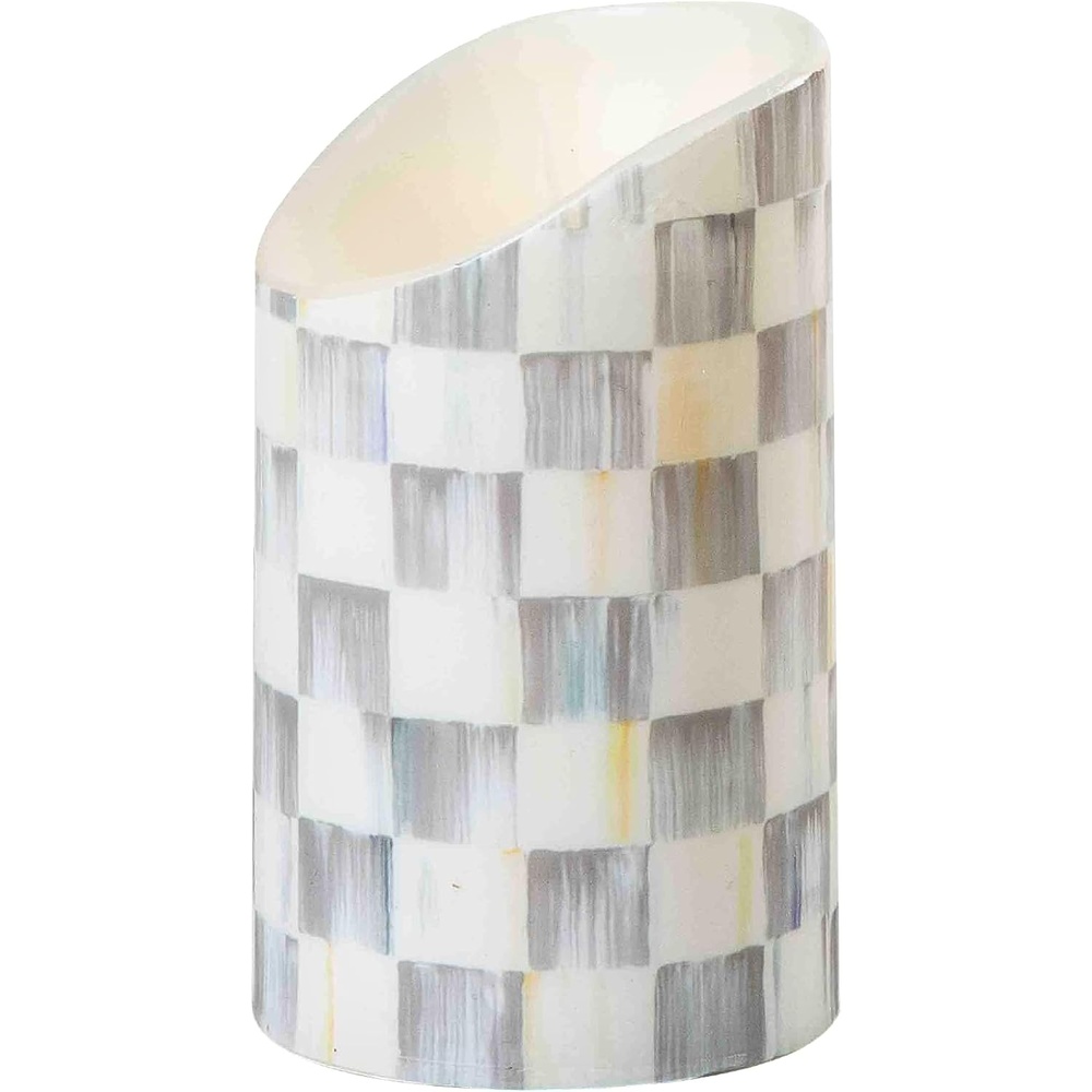 image:imageMACKENZIECHILDS Flicker Pillar Candle Flameless BatteryOperated Candle with Timer and Remote 5 Inches GrayandWhite Sterling Check Set of 1