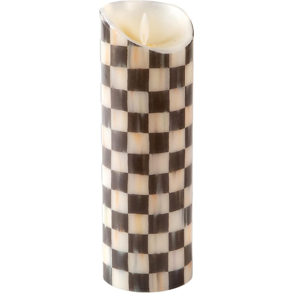 image:imageMACKENZIECHILDS Flicker Pillar Candle Flameless BatteryOperated Candle with Timer and Remote 9 Inches BlackandWhite Courtly Check Set of 1