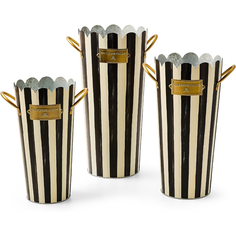 image:imageMACKENZIECHILDS Set of 3 Galvanized Flower Buckets Decorative Metal Buckets BlackandWhite Courtly StripeCourtly Stripe