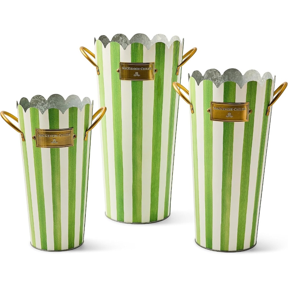 image:imageMACKENZIECHILDS Set of 3 Galvanized Flower Buckets Decorative Metal Buckets BlackandWhite Courtly StripeGrass Green Stripe