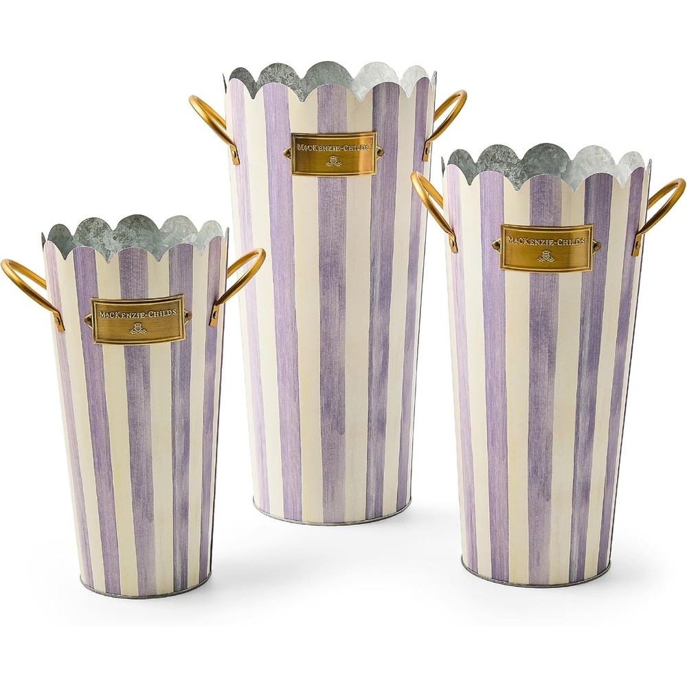 image:imageMACKENZIECHILDS Set of 3 Galvanized Flower Buckets Decorative Metal Buckets BlackandWhite Courtly StripeViolet Stripe